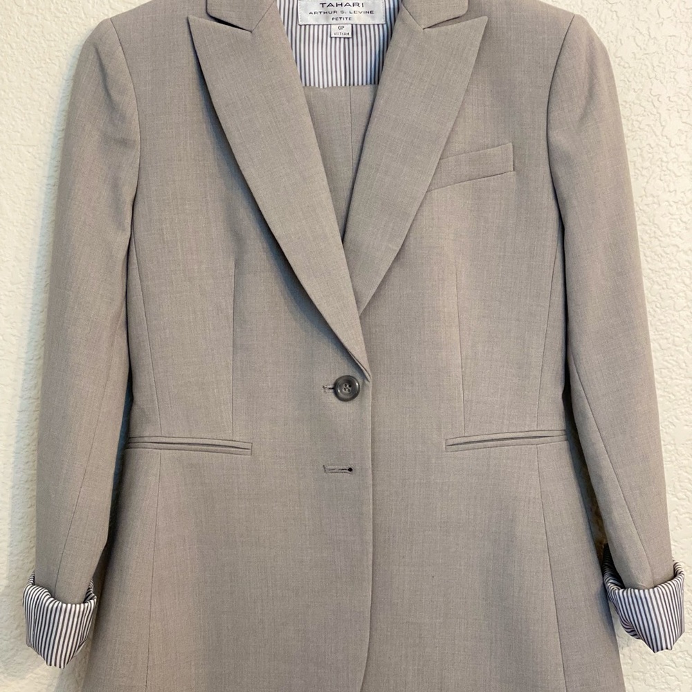 Pant suit-Never Worn-Grey with Grey & Silver stripe lining.